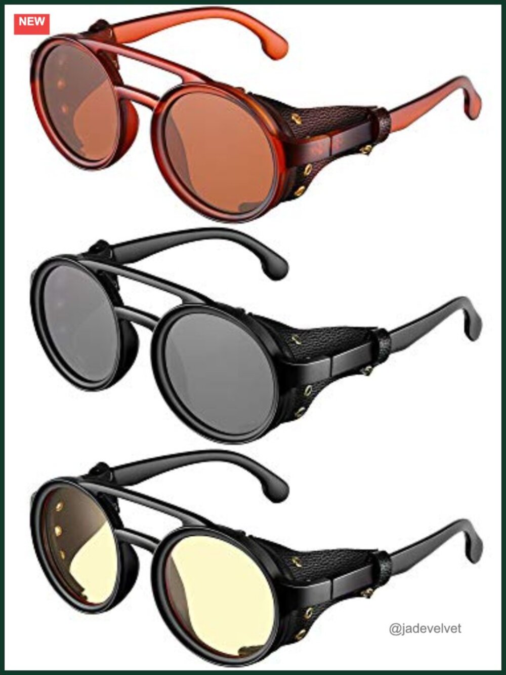 3 Pairs Retro Round Steampunk Sunglasses Faux Leatherwear UV400 Unisex